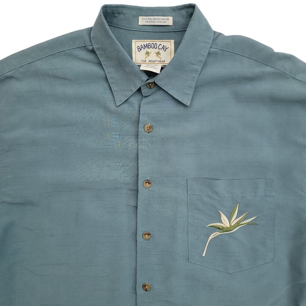 Bamboo Cay Shirt Men L Blue Embroidered Bird Of Paradise Flower Hawaiian Camp